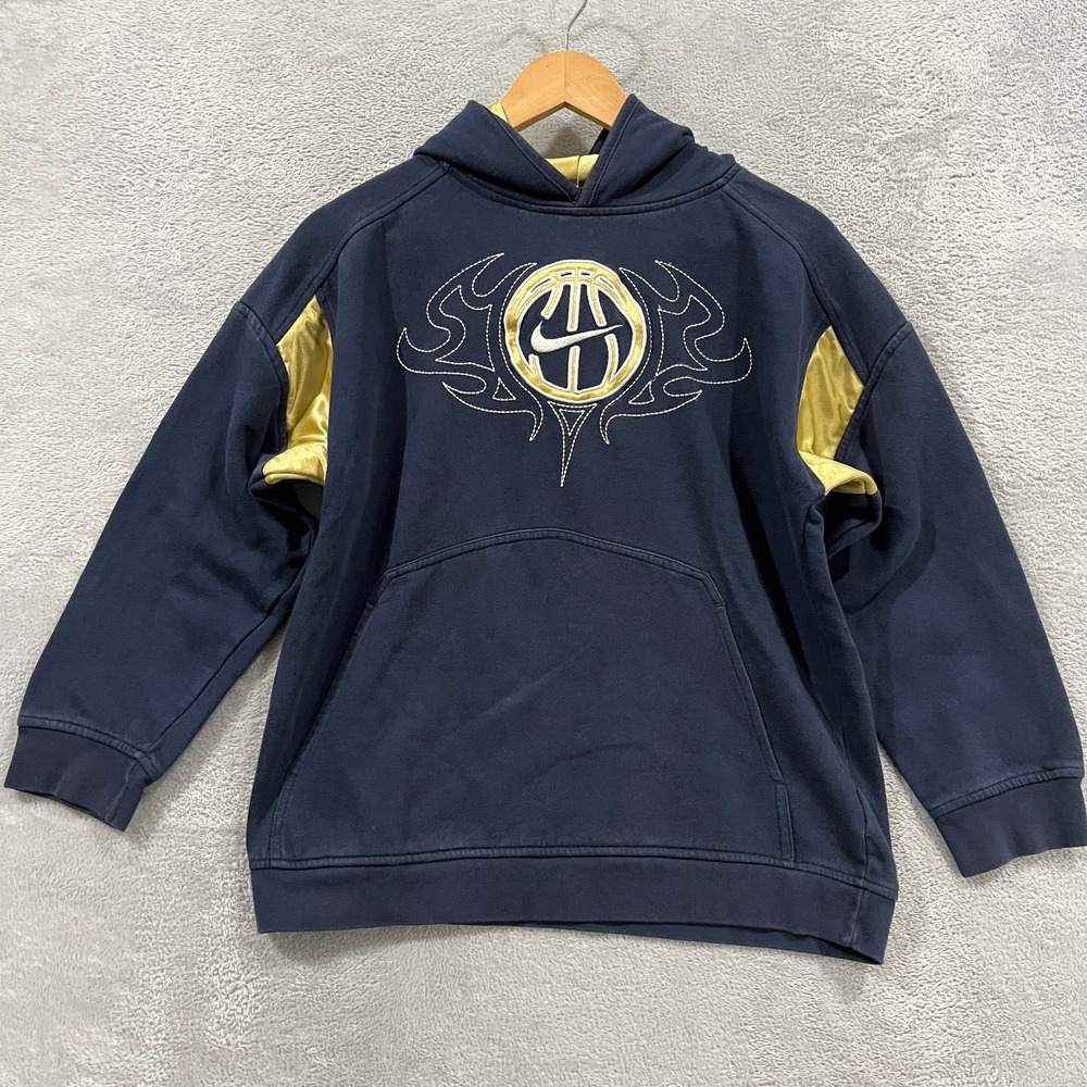 Vintage Nike Hoops Hoodie Boys Youth Large 14-16 Navy Blue Gold Retro 90s Y2K